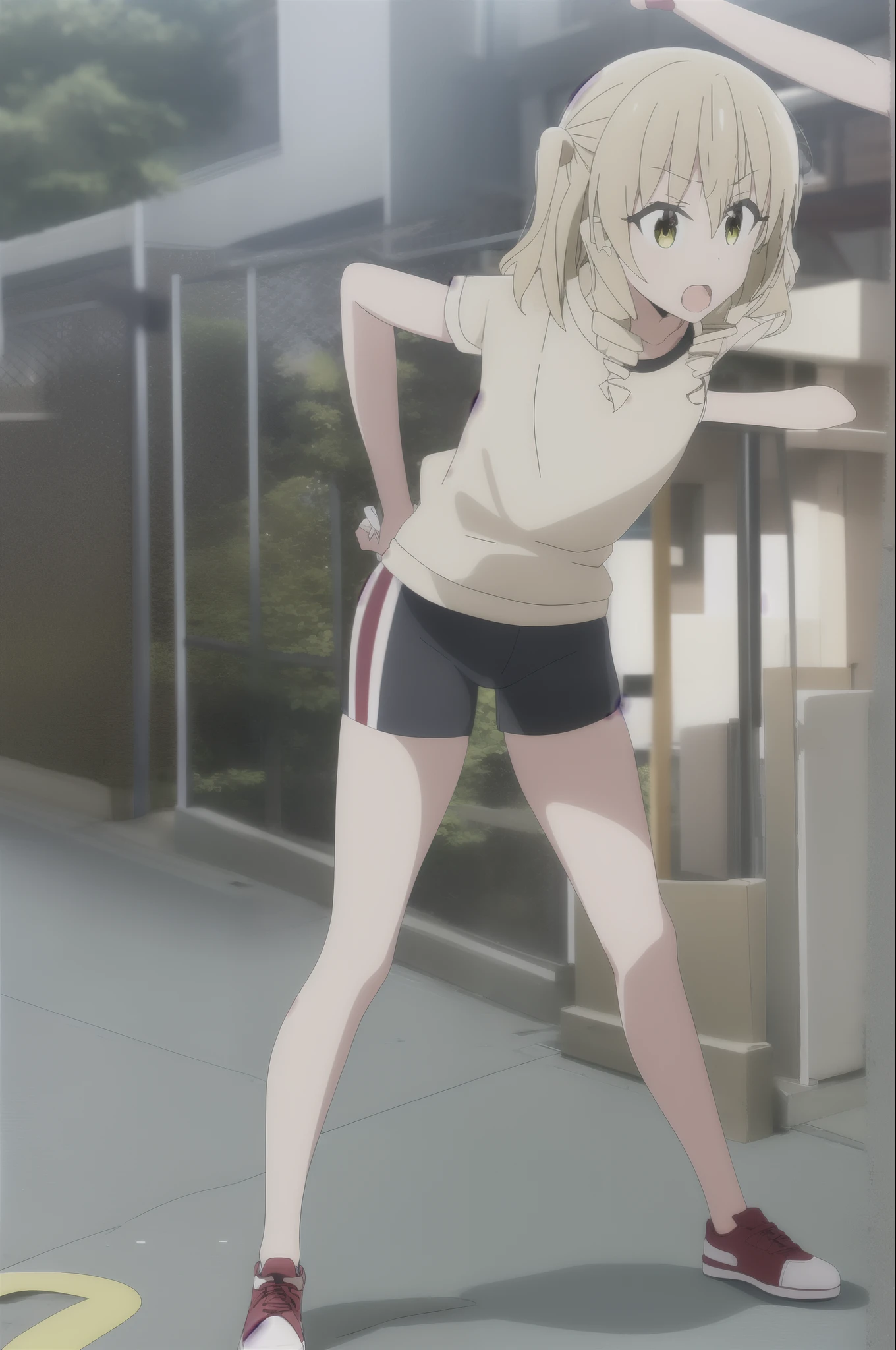 Kita_ikuyo, gym_uniform, 1girl, solo hands_on_hips,  buruma, shorts, open_mouth, solo_focus, letterboxed, 1girl, solo, thighs, wide_hips, breasts, shirt, sky, hand_on_hip, outdoors, day, looking_at_viewer, cloud, sportswear, :o, thick_thighs, track_and_field, , curvy, standing, yellow aura