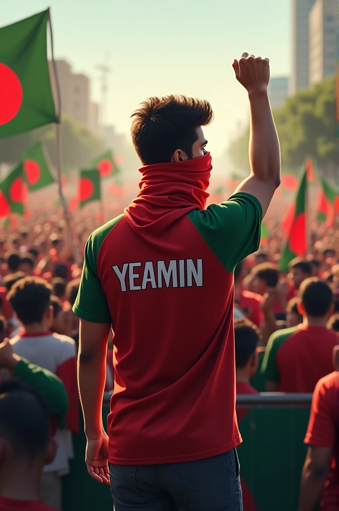 A 25-year-old boy will stand wearing a red cloth on his face and wearing a red and green shirt. He will raise his right hand and make a vigorous movement the name YEAMIN on the back of the shirt. A large crowd will stand in front of him with raised hands and will protest vigorously, some people will have the Bangladesh flag in their hands