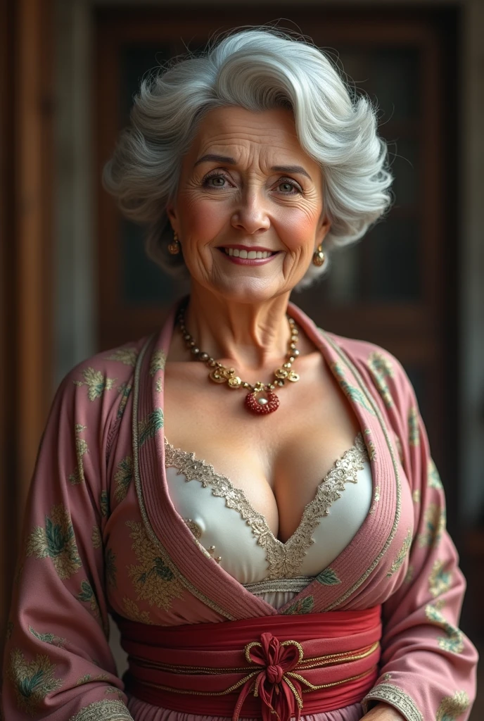 Full Body Shot,,60years old,Mature Woman,Detailed Eyes,Wrinkles around the eyes,A kind smile,(((big 1.8))),((Huge breasts 1.7)),(((Plump body 1.8))),(masterpiece:1.6, highest quality), Intricate details, Written boundary depth,detailed, (エレガントなブラジャー1.6)(白のブラジャーbra 1.6 robe),8k,highest quality, masterpiece, Ultra-high resolution,, (Updo)、kitchen