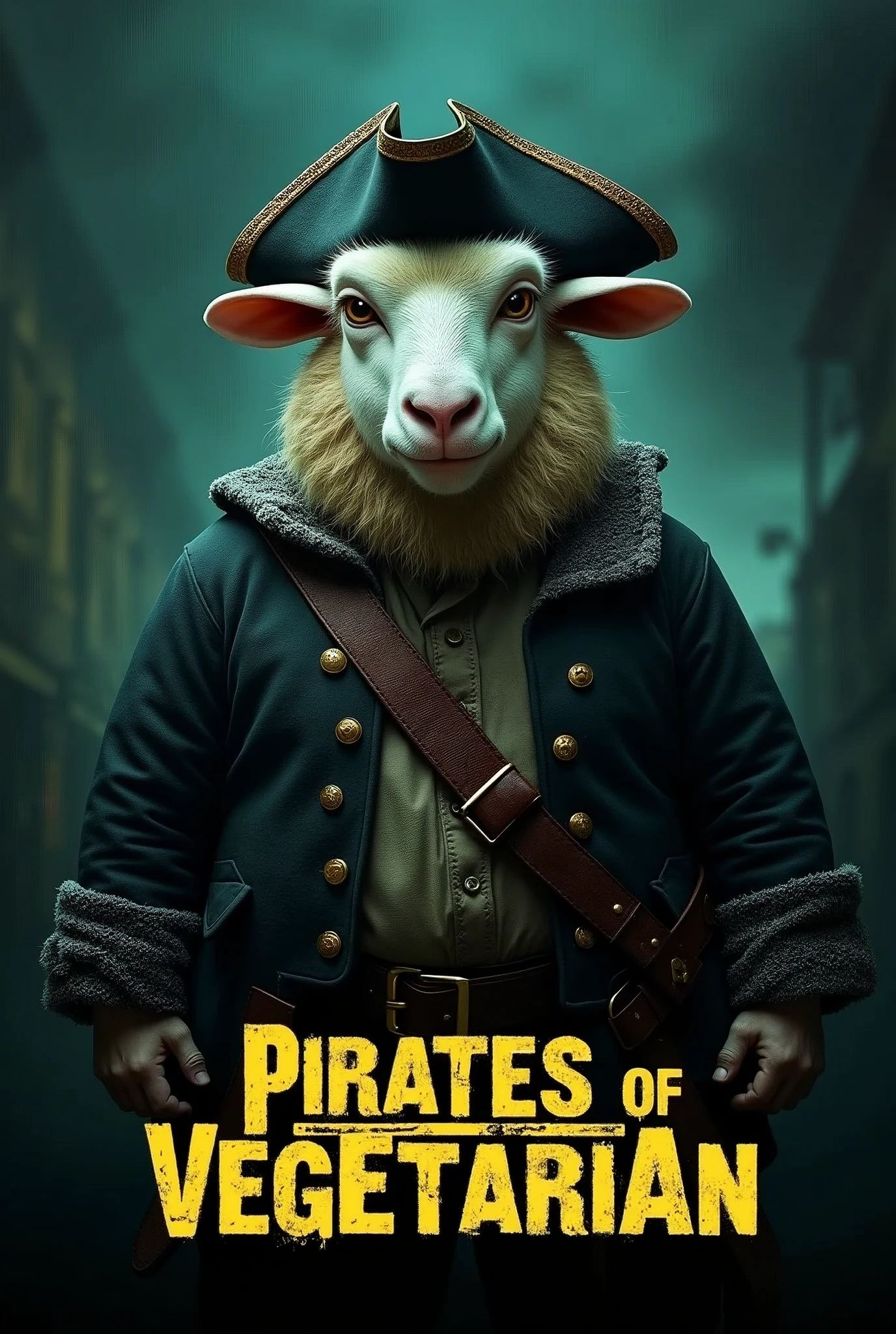 Create a cinematic poster featuring photorealistic portrait of Dressed animals - a ((fat)) sheep pirate, , wearing pirate costume and pirate hat , with a serious, intense expression. He should be slightly off-center in the composition. The background should be dark and gritty, with smoky or grunge textures. Use a color scheme of black, deep blues, and dark greens, with subtle yellow or neon accents to capture the show's mood, At the bottom of the poster, place the text "PIRATES OF VEGETARIAN" in large, bold, distressed letters, in a sans-serif font. The text should have a cinematic style, with slight shadow or glow effects to make it stand out against the background.