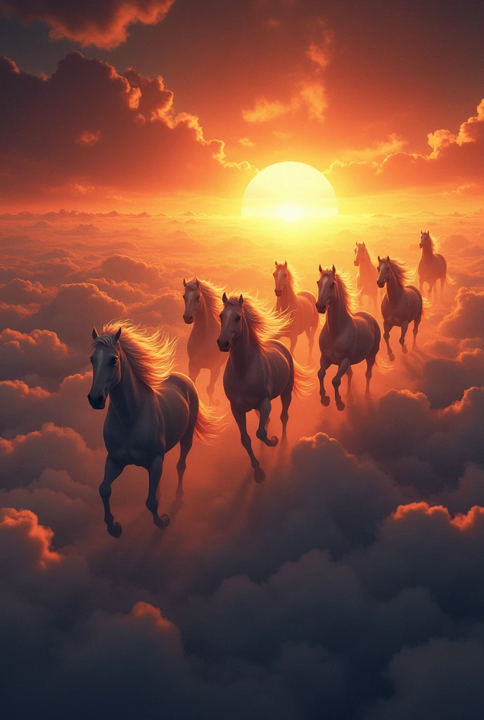 Seven horse in the sky with raising sun

