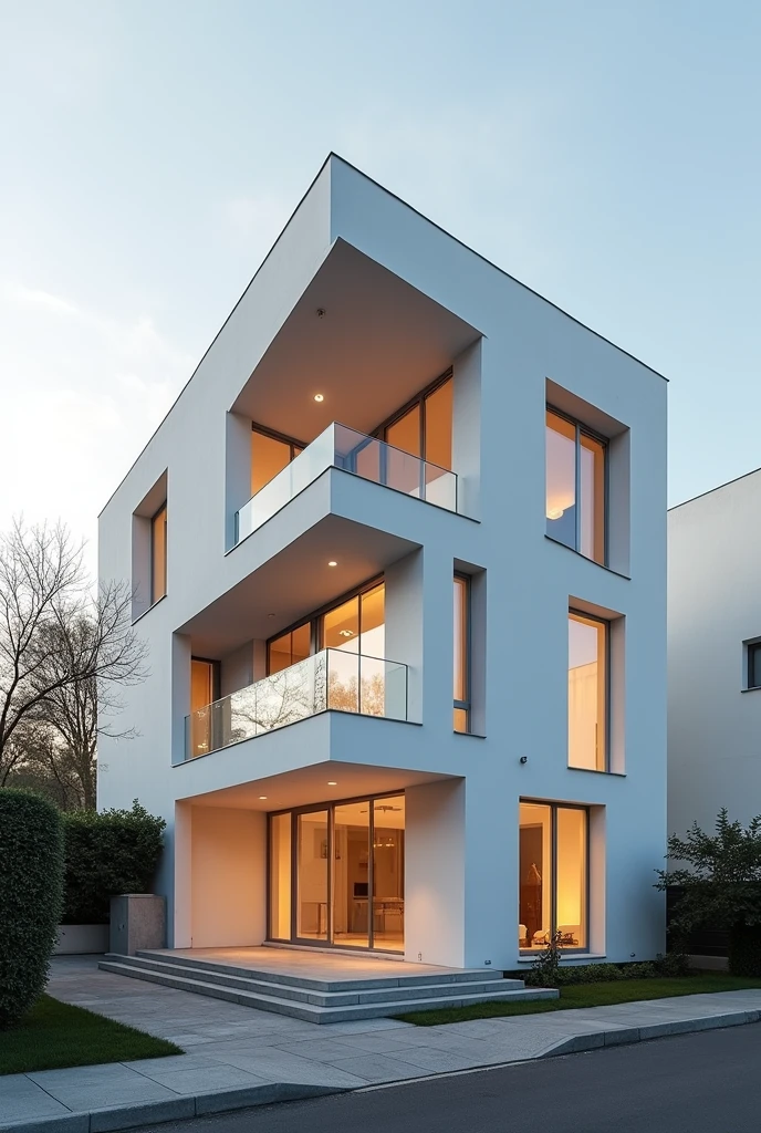 (photorealism:1.2), House, modern introspective architecture daniel libeskind style, city, white concrete, exterior, warm, attractive, exterior shot, Photography, digital slr camera, pintrest, High Definition, Perspective 2 vanishing points