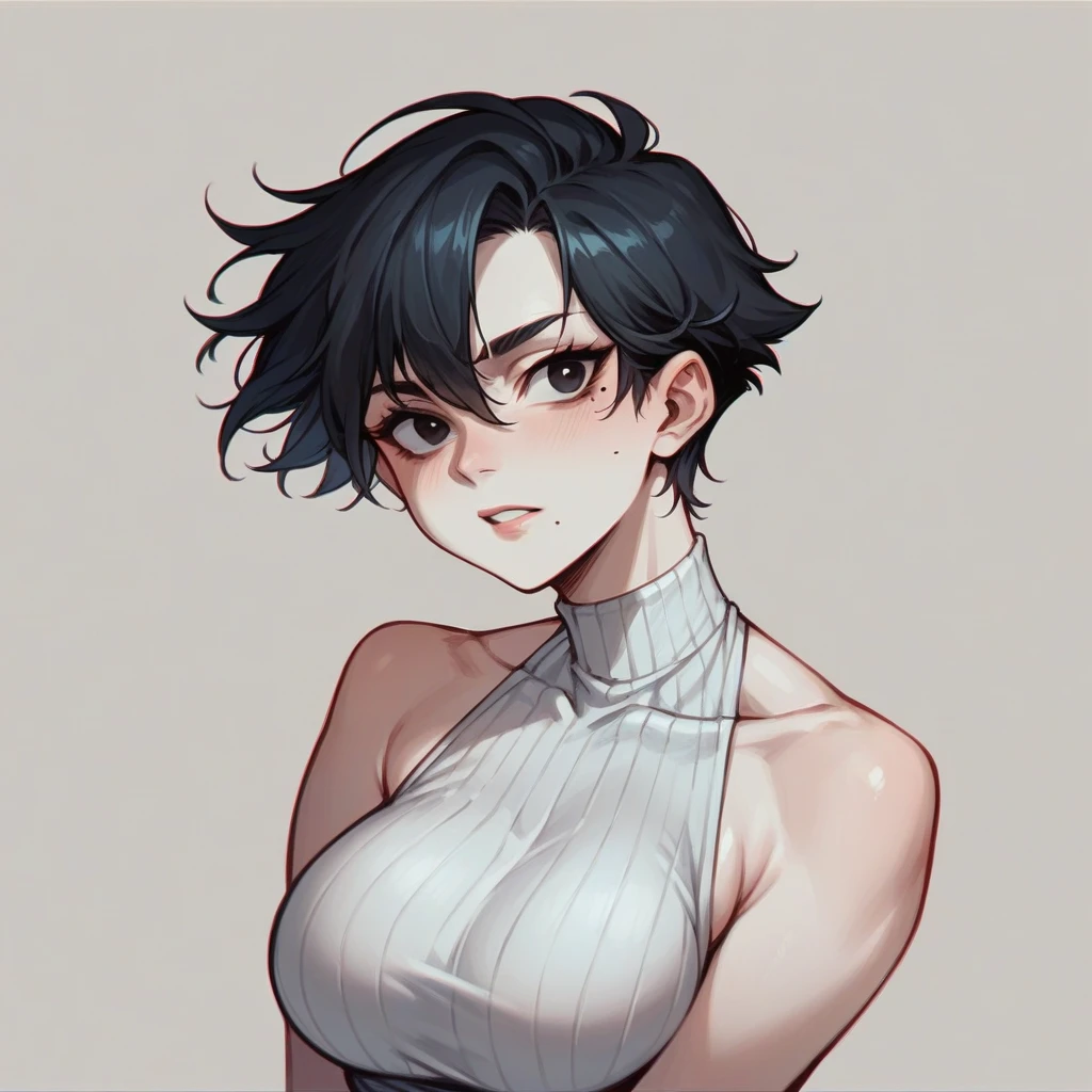 White skin girl, black eyes, short black hair, busty, with a mole on the cheek and blue bilini