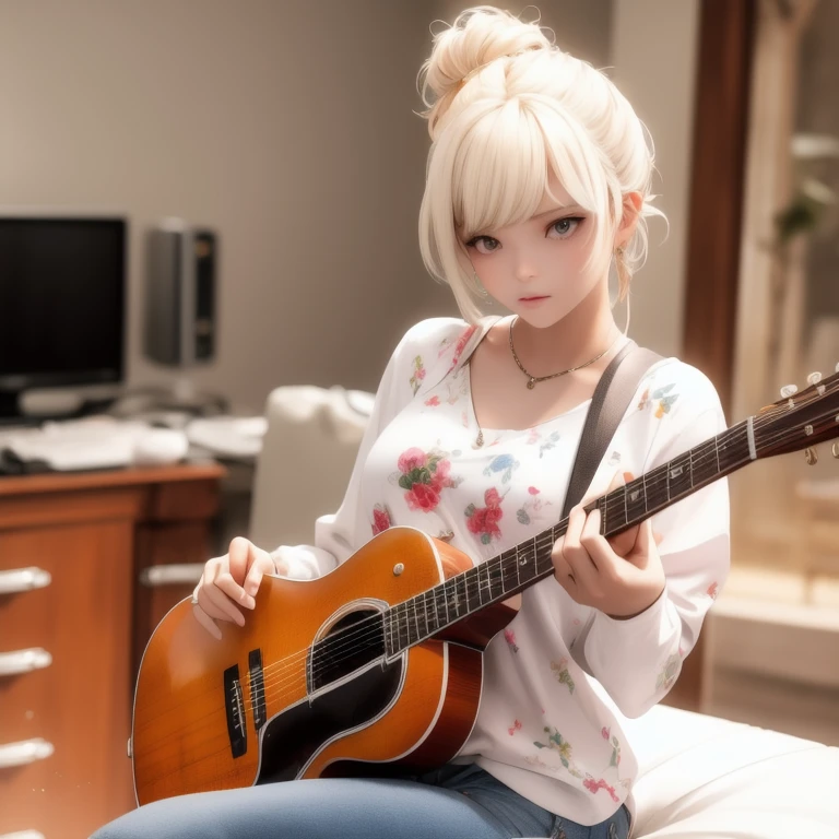 Mouths, 1 girl, One, inside a messy room, Guitar, 