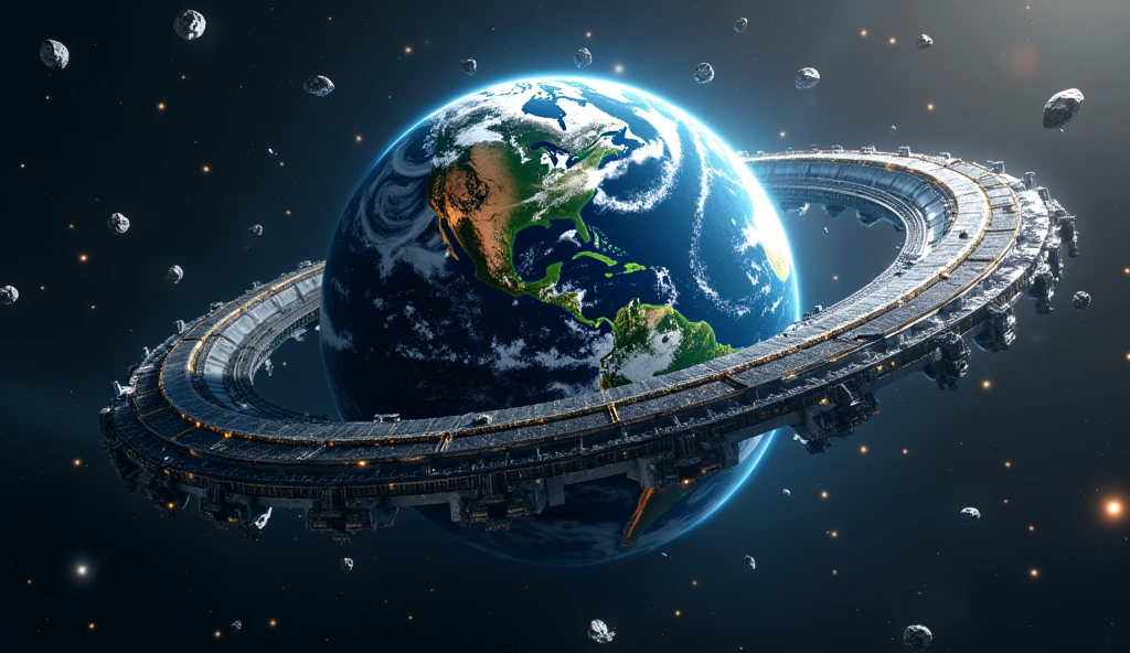 Securing space for future space missions that means space debris removal should be done. So i  want an image of futuristic earth having a protective shielding around ir for protection from space junks. So you should add space debris orbiting earth to make it realistic 