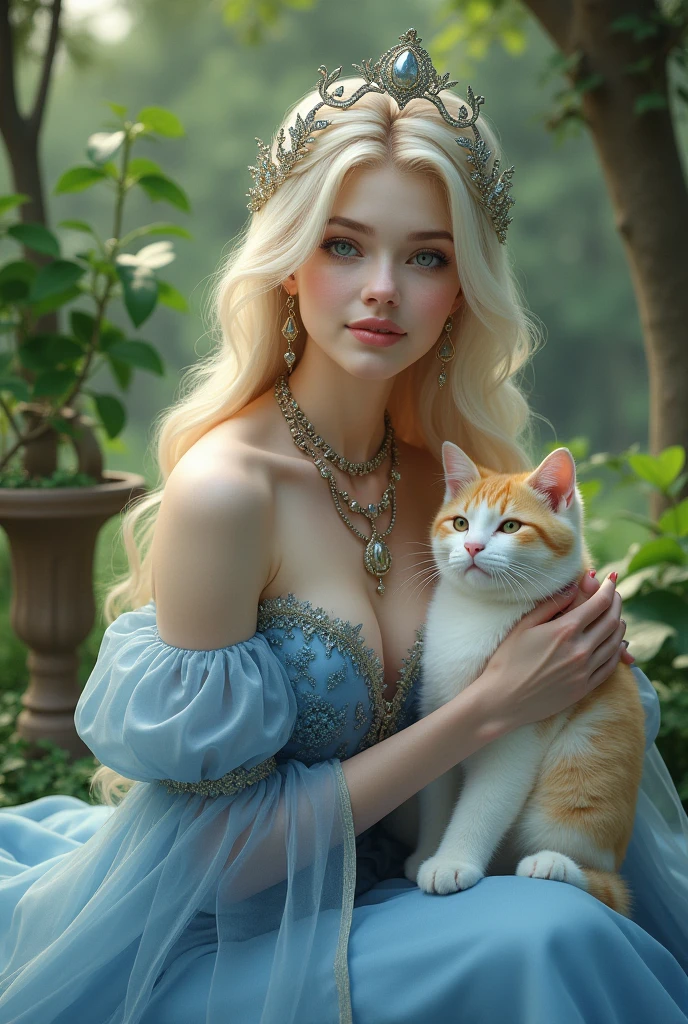 reality young face of a woman who is in the park wearing a long blue dress a snow white face smiles sweetly and light pink lips a very covered dress very long blonde hair eyebrows guess the color of light blue eyes flat nose wearing a beautiful headdress curly eyelashes high nose sweet and beautiful face and wearing lots of luxurious jewelry stroking a cat chest covered her dress holding a white and yellow angora cat