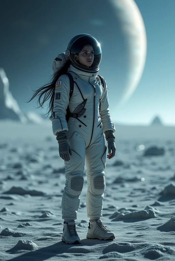 Standing on Pluto,Woman in a lightweight space suit,Hair is black and straight,Beautiful appearance
