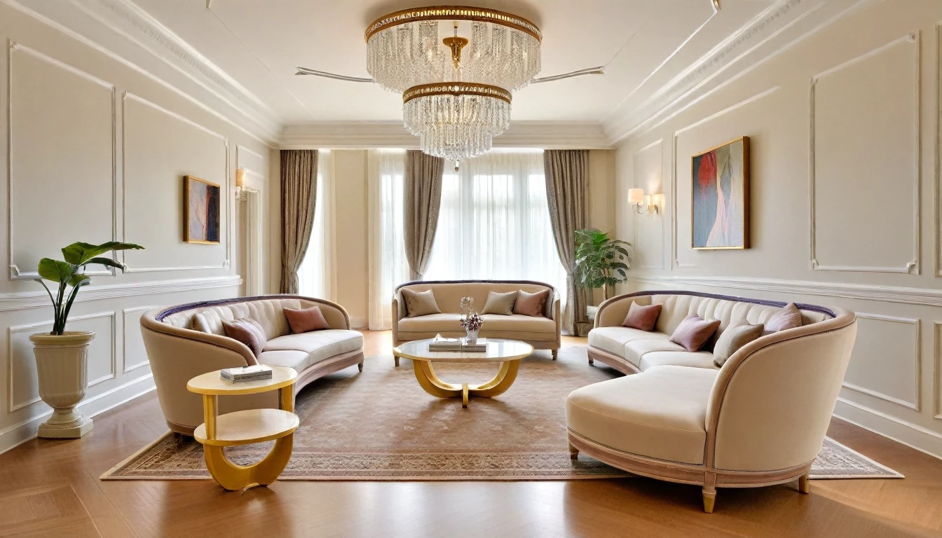 Here is a RAW photo prompt for a masterpiece of a neoclassical living room: Capture the grandeur of this opulent living room with a raw photorealistic shot, showcasing intricate details and a sense of luxury. The scene features a majestic chandelier suspended above a plush leather sofa, adorned with delicate piping and ornate patterns. The room's walls are lined with glass windows, allowing natural light to flood in and dance across the floor. Notice the subtle reflections on the glass panes, adding an extra layer of depth to the space. In the center of the room, a stunning neoclassical carpet commands attention, its intricate design echoing the curved lines of the architectural details throughout the space. The walls themselves feature ornate neoclassic railings, their detailed craftsmanship a testament to the scene's commitment to photorealism. As the light pours in through the windows, it casts a warm glow across the room, highlighting the textures and patterns on the furniture and floor. The result is a breathtakingly realistic image that invites the viewer to step into this sumptuous neoclassical world.