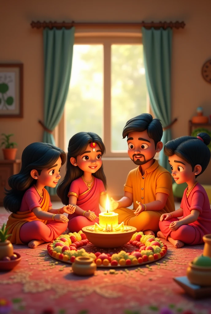In cinematic 3d cartoon style A family gathered at home, performing a puja to a small Shiva Lingam or Shiva idol. They are dressed in traditional attire, and there are offerings like fruits, flowers, and sweets on the altar.