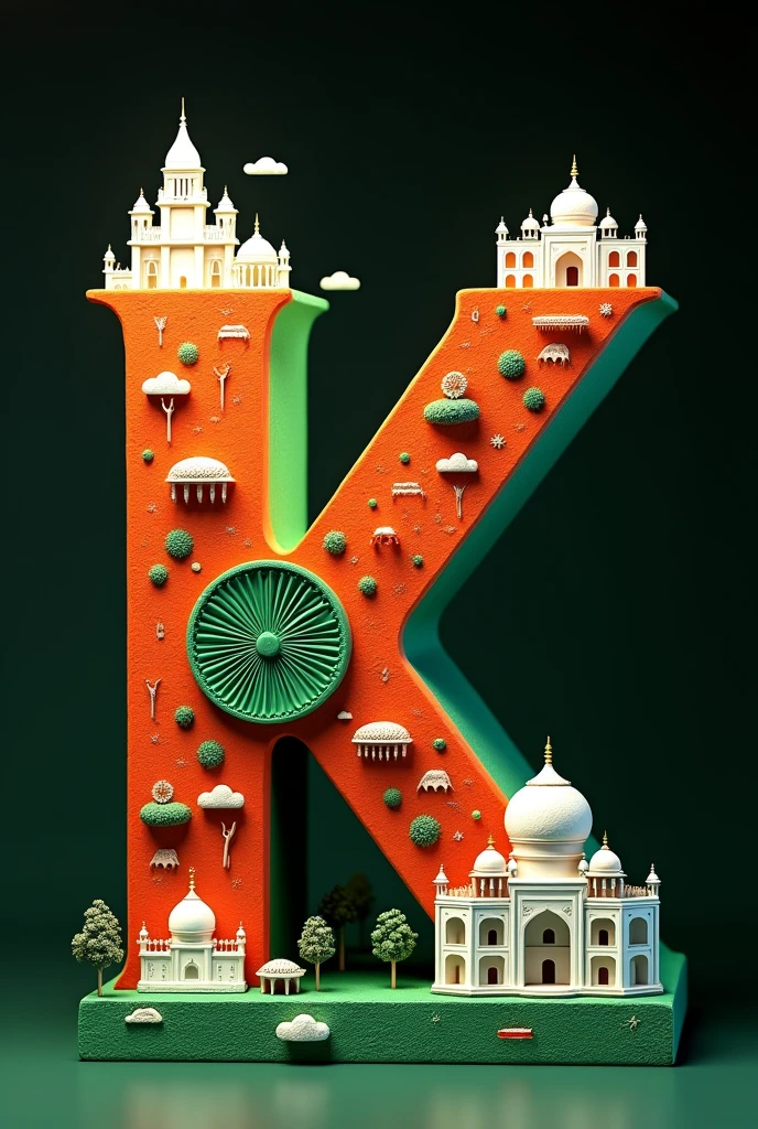 3D representation of the letter K intricately designed to reflect India's cultural landmarks and colors. The top features buildings and structures in orange and white, with a green base representing the Indian flag. An emblem resembling the Ashoka Chakra is central, surrounded by miniature replicas of famous monuments, trees, and small Indian flags, set against a dark background.