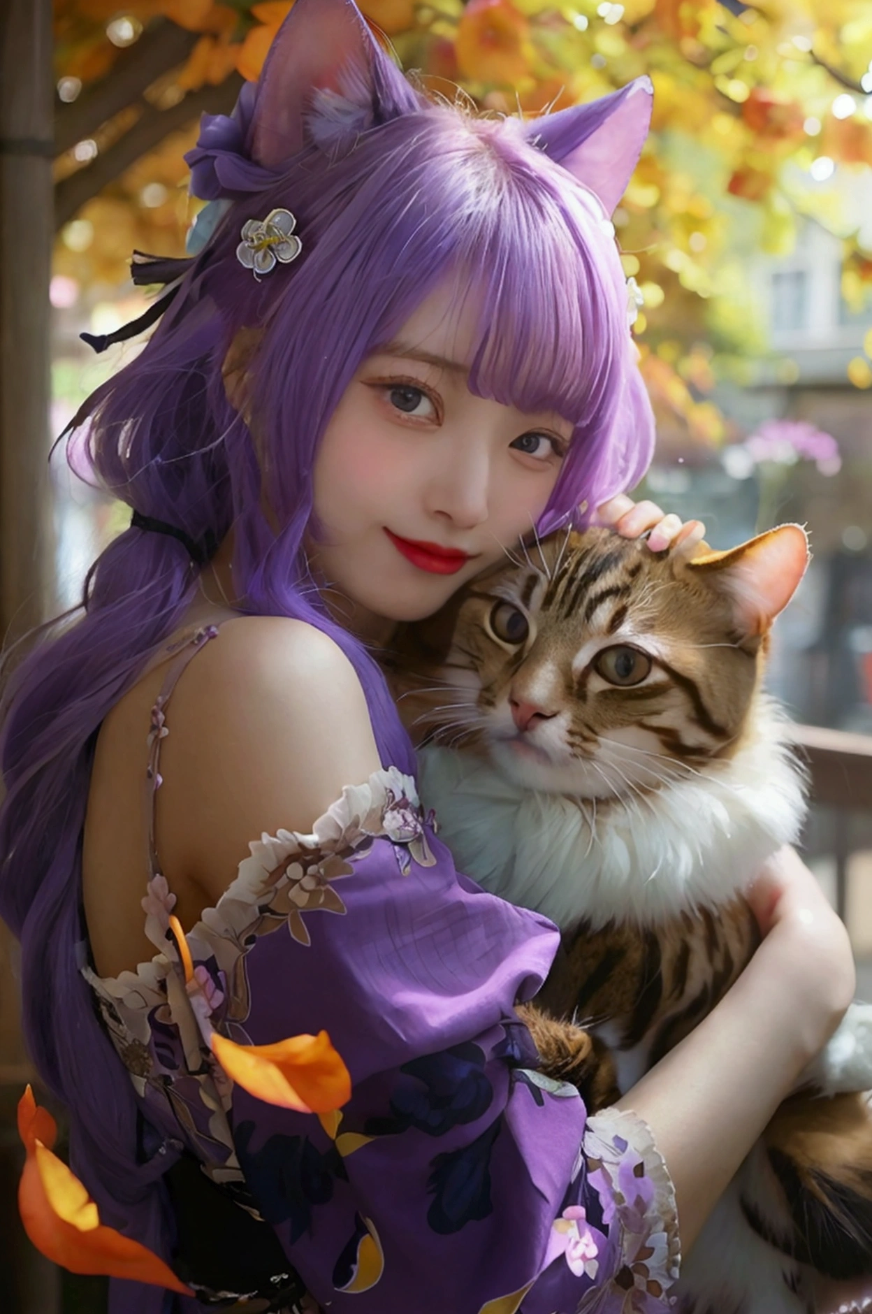 One girl hug a cat,masterpiece, Highest quality, so beautiful, Absurd, One girl, mature_Lady,pink_Bodysuits,Covered_Nipples,,rail_Shogun,rail_Shogun (Genshin Impact), Dark purple hair, Long Hair, Single Blade, hair ornaments, Purple eyes,,At the cafe,Surrounded by flowers,fall_petal, petal,,Front view