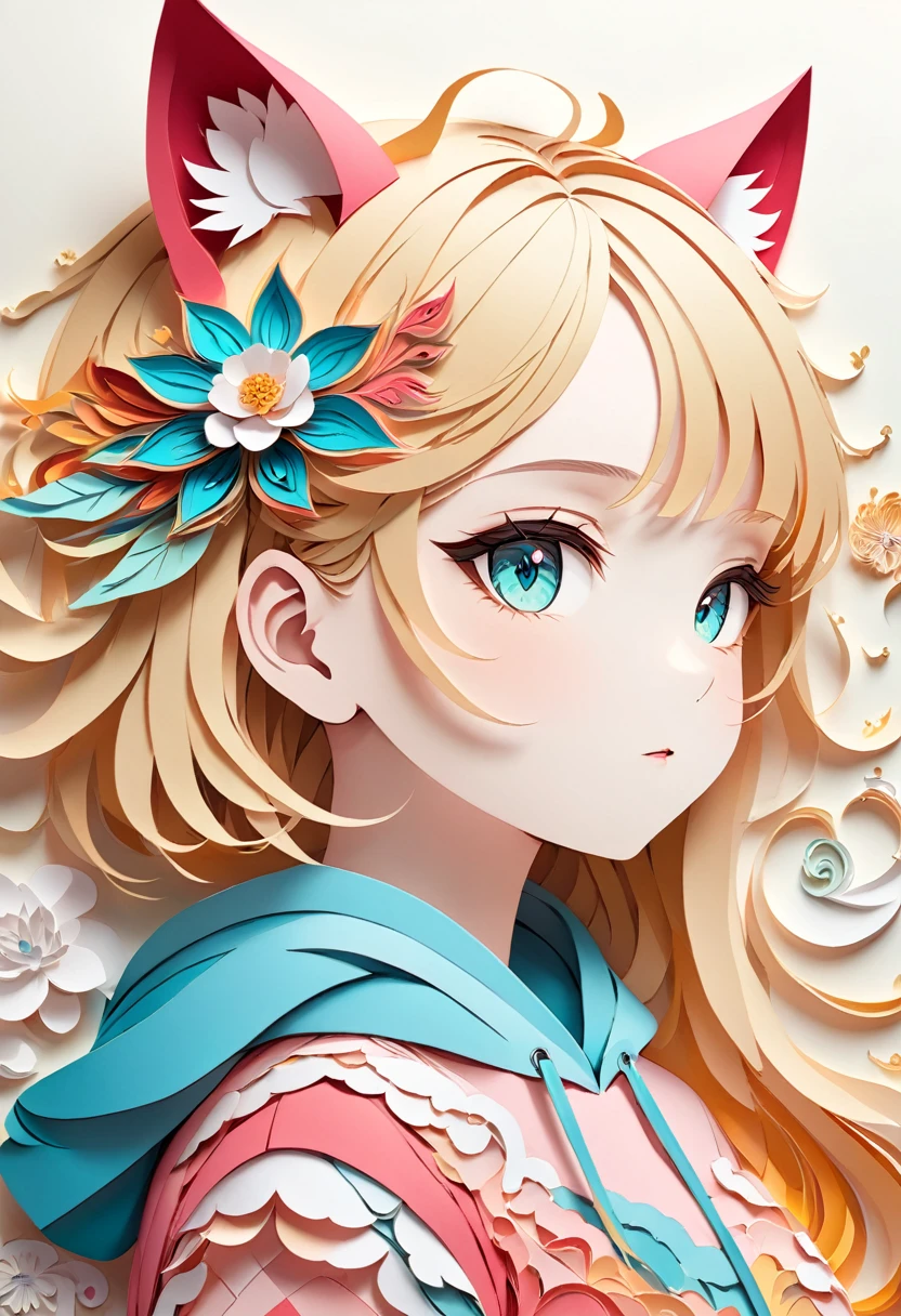 Paper cutting art,(Flat paper cutout,Paper Art,layered Paper Art,Paper Quilting, Digital Art),against a pure white background, girl,Blonde Hair Color、Cat ears of the same color as the hair、Big white flower hair ornament、Turquoise Eyes、Pink short sleeve hoodie、(Attention to detail, masterpiece, Highest quality, Ultra-high resolution)