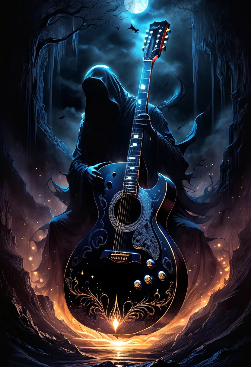 Midjourney, MJ, Midjourney style, poster, manga, anime, 
A mesmerizing dark fantasy illustration captures the essence of a hauntingly beautiful guitar, its silhouette starkly highlighted against an inky black background. The edge of the guitar is bathed in a chilling supernatural light, emanating from an enigmatic, otherworldly source. This eerie illumination creates a haunting ambiance, with the contrast between light and dark areas amplifying the captivating atmosphere. The ethereal glow and mysterious aura of the scene transport the viewer into a realm of fantasy and wonder, making this captivating illustration a true masterpiece of dark fantasy art. The intricate details and enchanting ambiance are sure to leave a lasting impression on all who behold it., dark fantasy 