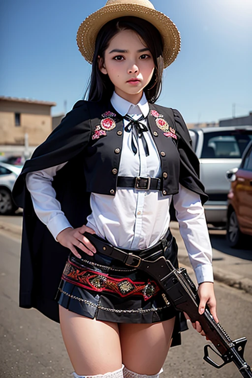 Realistic photo of extremely beautiful 12 year old  girl wearing mariachi outfit and black miniskirt, rancher boots and armed with a shotgun in a Mexican town at midnight