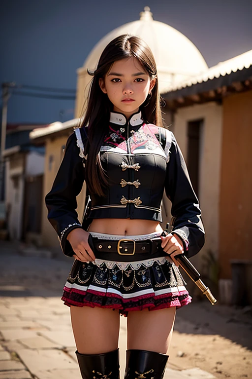 Realistic photo of extremely beautiful 12 year old  girl wearing mariachi outfit and black miniskirt, rancher boots and armed with a shotgun in a Mexican town at midnight