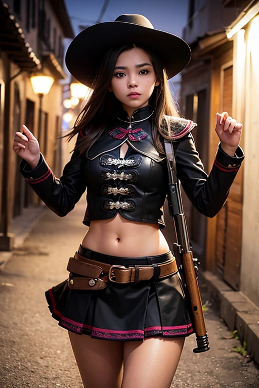 Realistic photo of extremely beautiful 12 year old  girl wearing mariachi outfit and black miniskirt, rancher boots and armed with a shotgun in a Mexican town at midnight