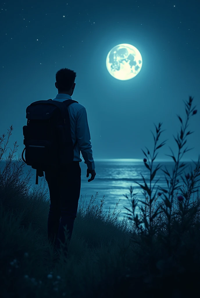 ((best qualtiy)), ((tmasterpiece)), (A detailed:1.4),Enhanced dynamic perspective,Behind,nighttime scene,starrysky,(darkly:1.4),((Business Professionals,Lag behind in every conceivable way,Sparkling in the moonlight,The starry sky flowed in front of him)),Secrets emerge in the dark,(Adventurer Backpack),(weeds),florals,(((adventurer clothes))),glow effect,super-fine,Works of masters,high quarity,8K resolution,depth of fields,Movie Lighting,epic shooting,high quarity,super-fine,precise,Cinematic lighting
