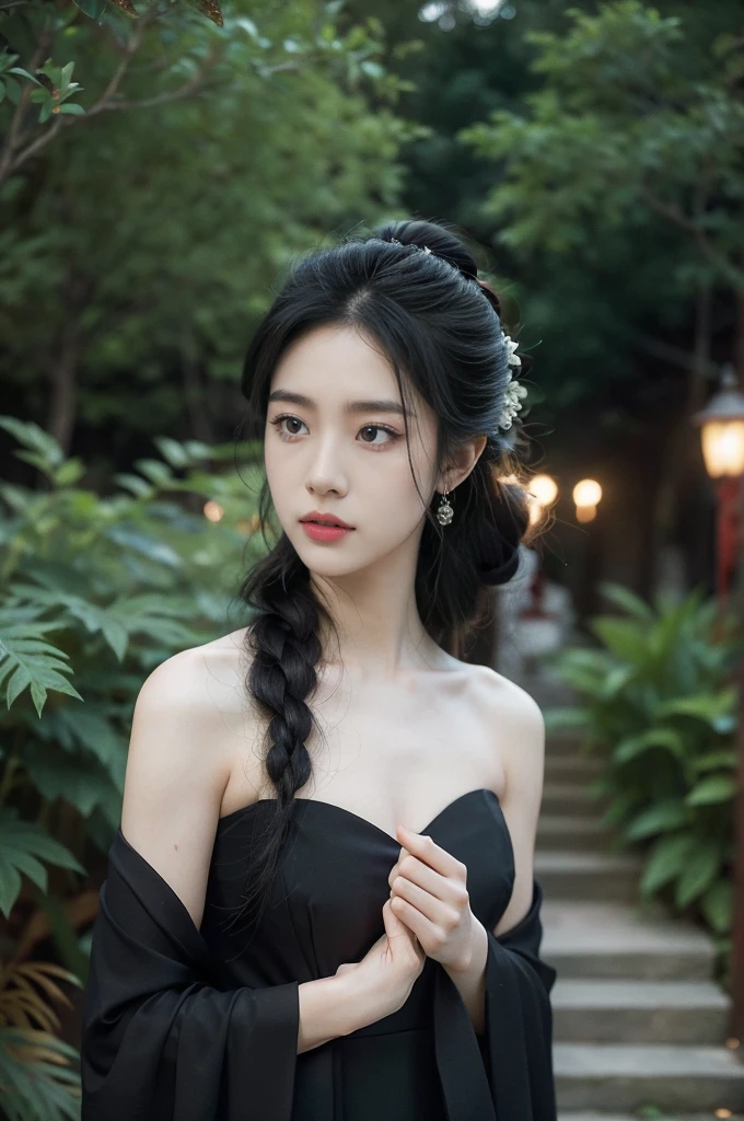 (((best quality))),(((ultra detailed))),(((masterpiece))),illustration,1girl,black embroidered cheongsam,moonlit garden courtyard,Ghost Festival,elegant and sophisticated,intricate patterns,petite frame,curves,fragile beauty,dark color,fair skin,striking visual appeal,ethereal,enchanting,towering trees,ghostly white blossoms,swaying branches,stone pathways,moss,eerie shadows,ancient pavilion,intricate wooden structure,mystery and intrigue,cicadas chirping,auditory symphony,embodiment of the festival's spirit,bathed in the moon's glow,delicate features,raven-black hair,waterfall of darkness,moon's luminance,captivating allure,long hair,petite body,sleek fabric,clung to frame,accentuating curves,highlighting beauty,contrast between dark dress and fair skin,striking appearance,ethereal beauty,hauntingly beautiful scene,captured essence,blend of beauty and mystery,life and death,tradition and modernity