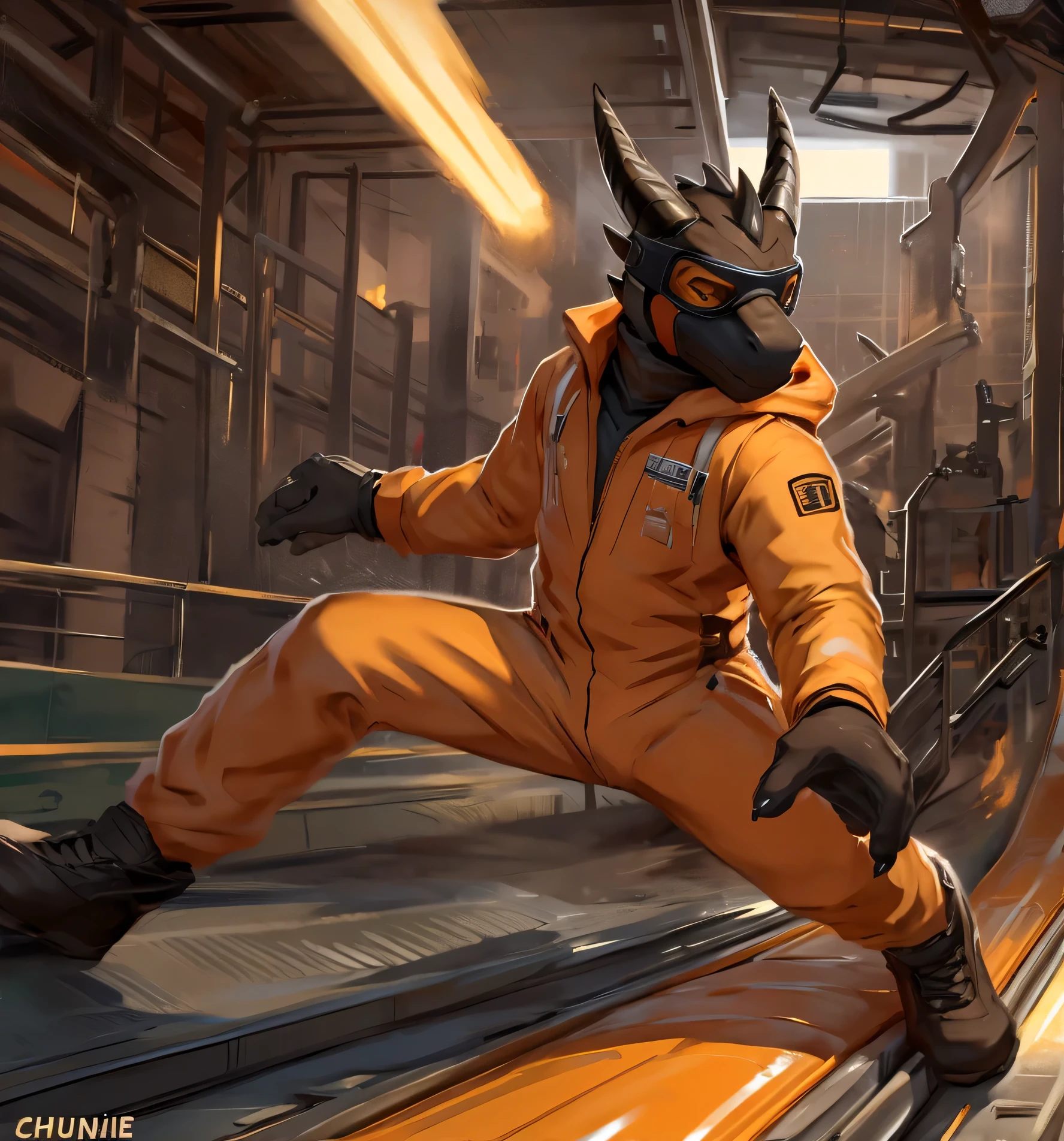Anthro, furry, male, orange prison jumpsuit, balaclava, orange goggles, black gloves, detailed, by zackary911, by chunie, sliding, black mask, hidden face, dragon, dynamic, slide, shooting, solo, industrial setting, indoors, pistol, high resolution, black scales, action