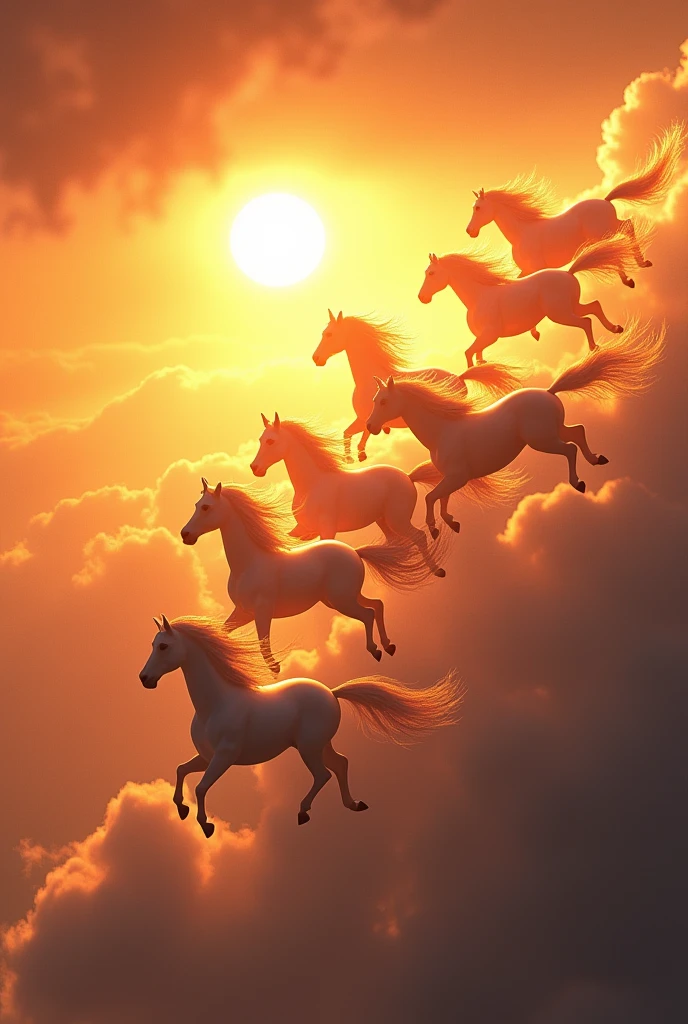Seven horse in the sky with raising sun

