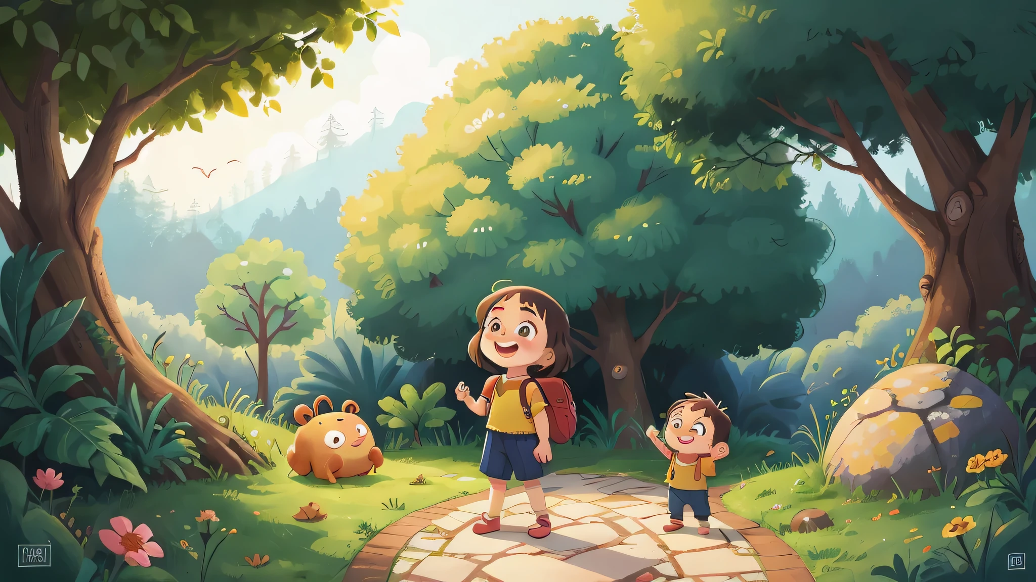 Happy  girl. Bucolic style. Women's children's clothing. Cor Lisa. Arte simples. Ghibli Style Studio. em um jardim, segurando mapa do tesouro