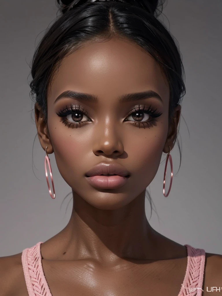 woman, face, model, close up, front, symmetry, african, dark skin, pink blush, pinterest, makeup, glossy lips, sexy lips, hair bun, glossy skin, oily skin, grey background, UHD, masterpiece, accurate, anatomically correct, textured skin, super detail, high details, high quality, award winning, best quality, highres, HD, 16k