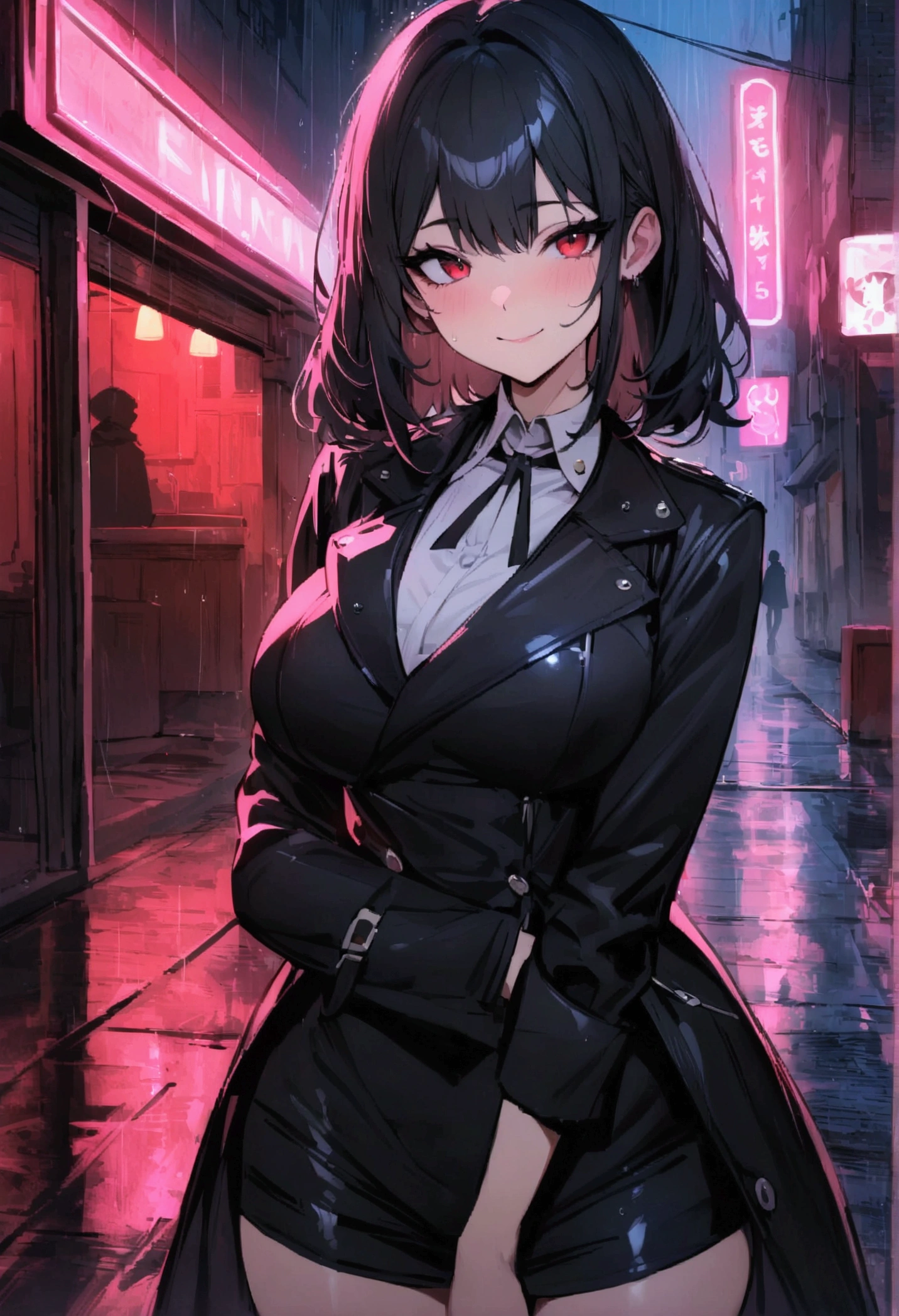 (masterpiece) , (best quality), 1badgirl, black hair, red eyes, neon light, wear a black jacket, Smile mischievously, raining, in the street.