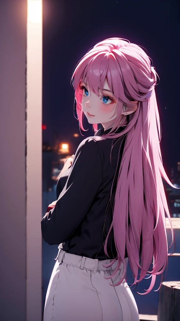 1 Girl , Girl medium light Pink hair, light gray&blue eyes, wearing black suit 4D, night town , high res, ultrasharp, 8K, masterpiece, looking from behind