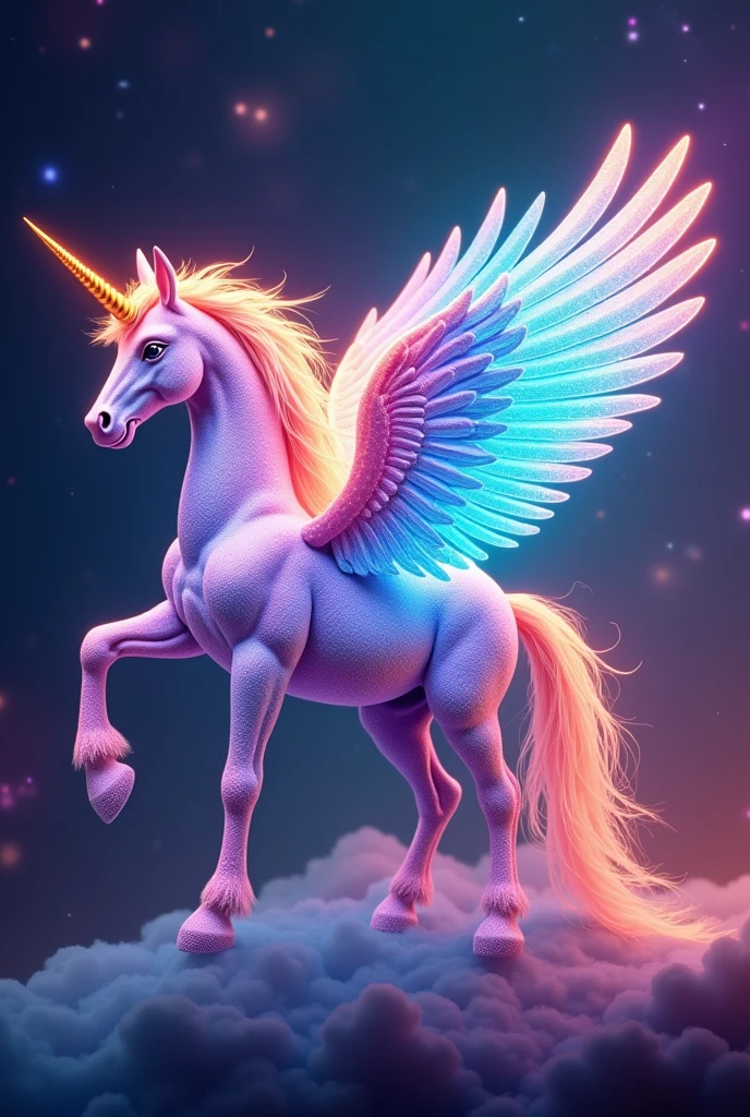 Rainbow Shiny Chrystal prism Pegasus with open wings, galaxy background