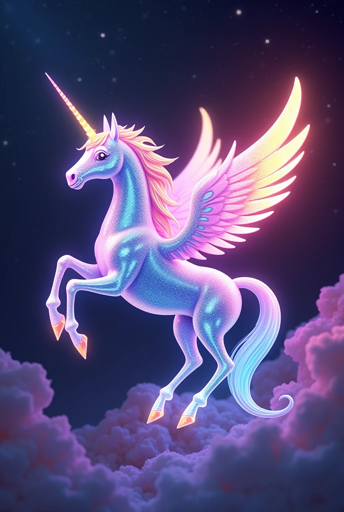 Rainbow Shiny Chrystal prism Pegasus with open wings, galaxy background 