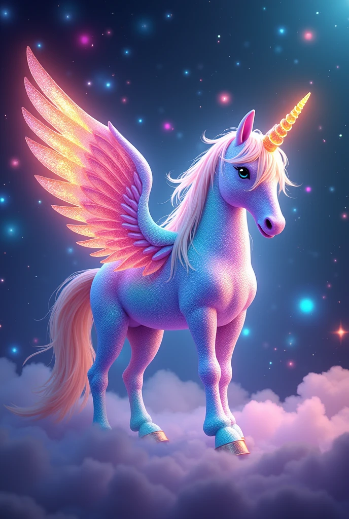 Rainbow Shiny Chrystal prism Pegasus with open wings, galaxy background