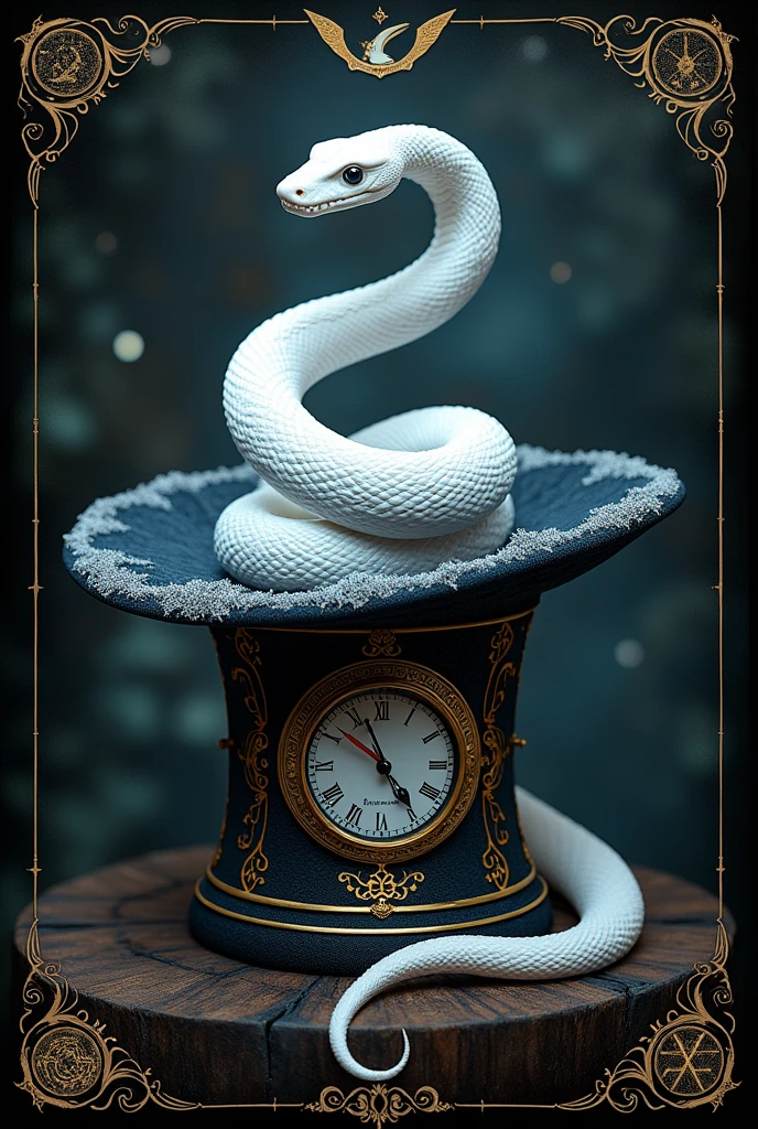 a magical white snake in a witch's hat, surrounded by symbols of magic and the cosmos,, hat, no people, witch's hat, animal, animal focus, border, crescent moon, magic circle, black border, clock, hyper-detailed,ultra-realistic, 8k,ultra-realistic, hyper-detailed, 32k uhd,