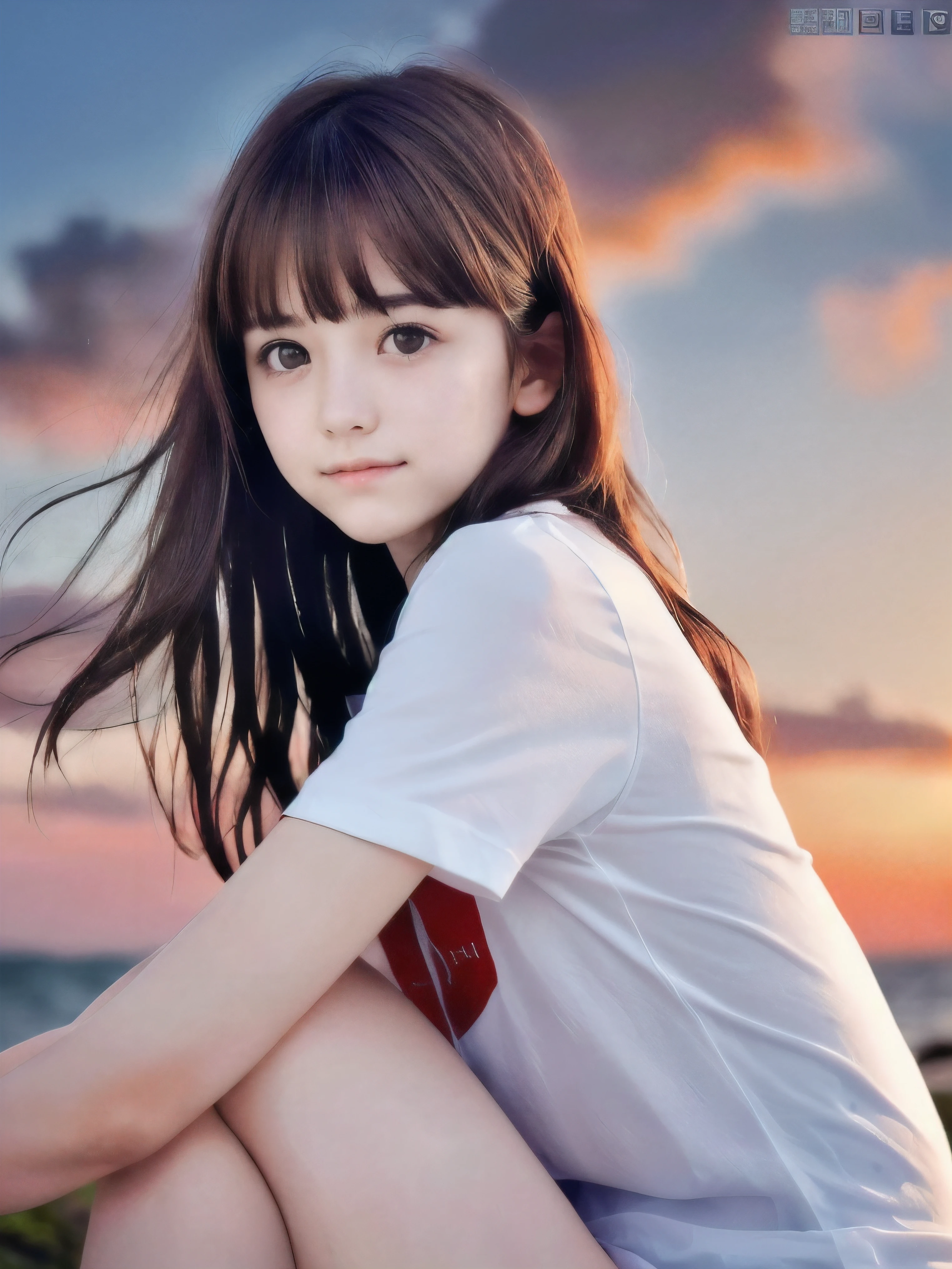 (Close up face shot of slender small-breasted red brown wavy long hair with dull bangs girl wearing a white T-shirt:1.5)、(One girl is looking back and lonely little smile with tears on the coast in Japan:1.5)、(Beautiful after sunset red sky with big red cloud:1.5)、(blurred background:1.5)、(Natural light:1.5)、(8k ultra detailed master piece:1.5)、(perfect anatomy:1.5)、(Photorealistic stick:1.5)、(Raw photo:1.3)、(highest quality:1.5)、(High resolution:1.3)、(Delicate and beautiful perfect face:1.3)、(Delicate and beautiful eye air skin:1.3)、(Real Human Skin:1.3)、((thin legs))
