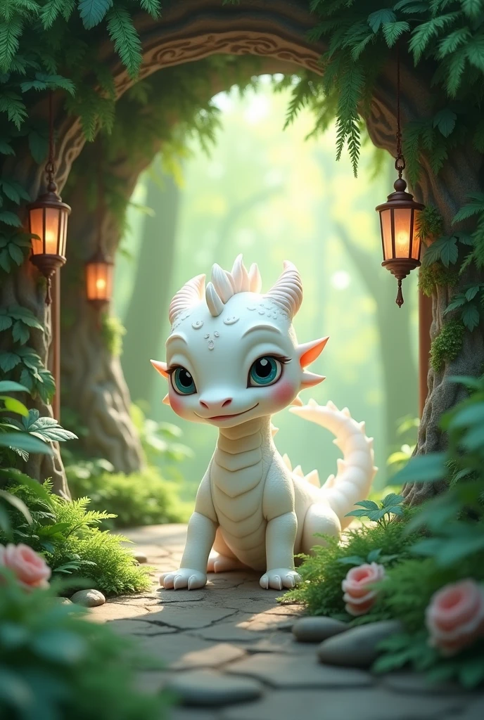 Chinese style white dragon,cute style,learn things,Background forest,cover cave,architectural cave