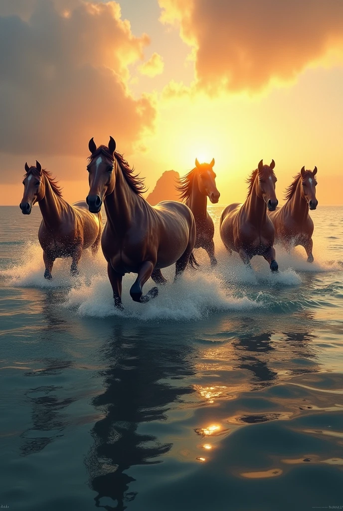 Seven horse in the sea with raising sun