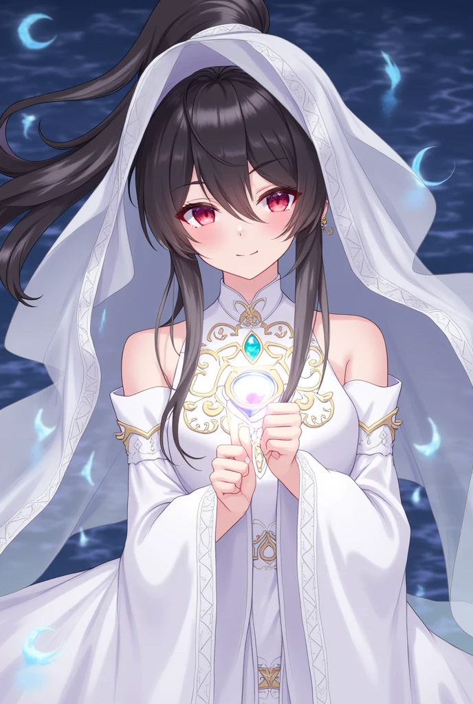 wrenchfaeflare, glowing, 1girl, embroidery, accessories, necklace, earrings, geometric pattern, white theme, white dress, light smile, black hair, high ponytail, veil, red eyes, reflection, water, gem, long hair, floating hair,