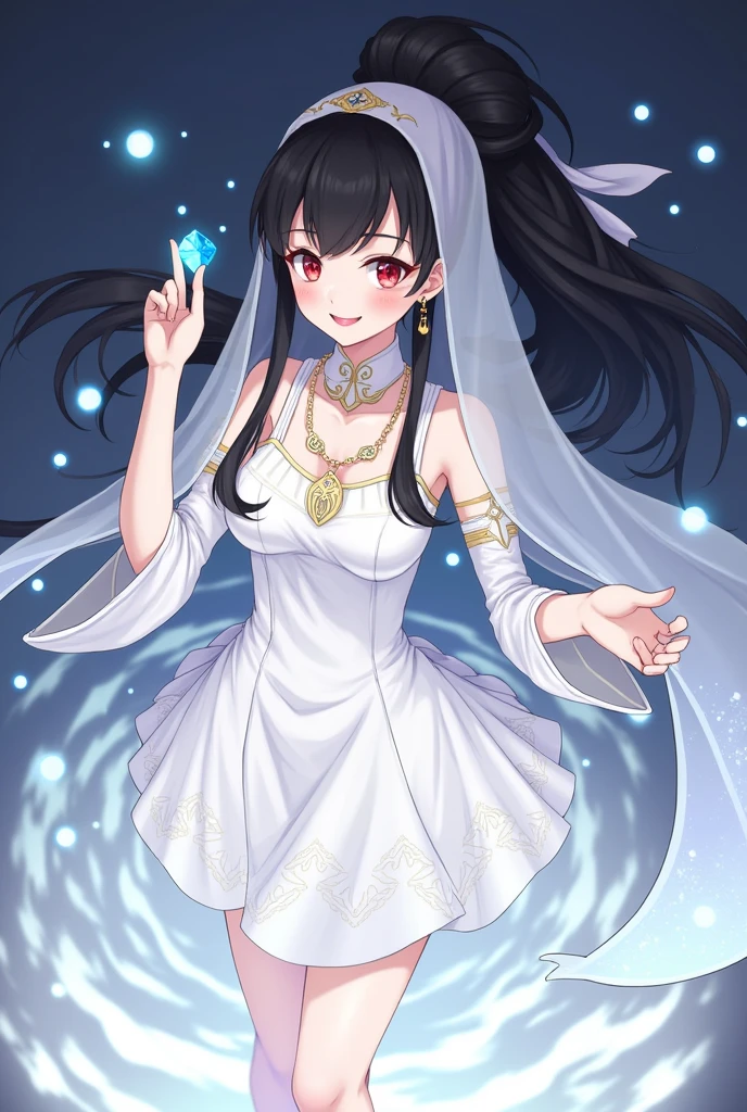 wrenchfaeflare, glowing, 1girl, embroidery, accessories, necklace, earrings, geometric pattern, white theme, white dress, light smile, black hair, high ponytail, veil, red eyes, reflection, water, gem, long hair, floating hair,