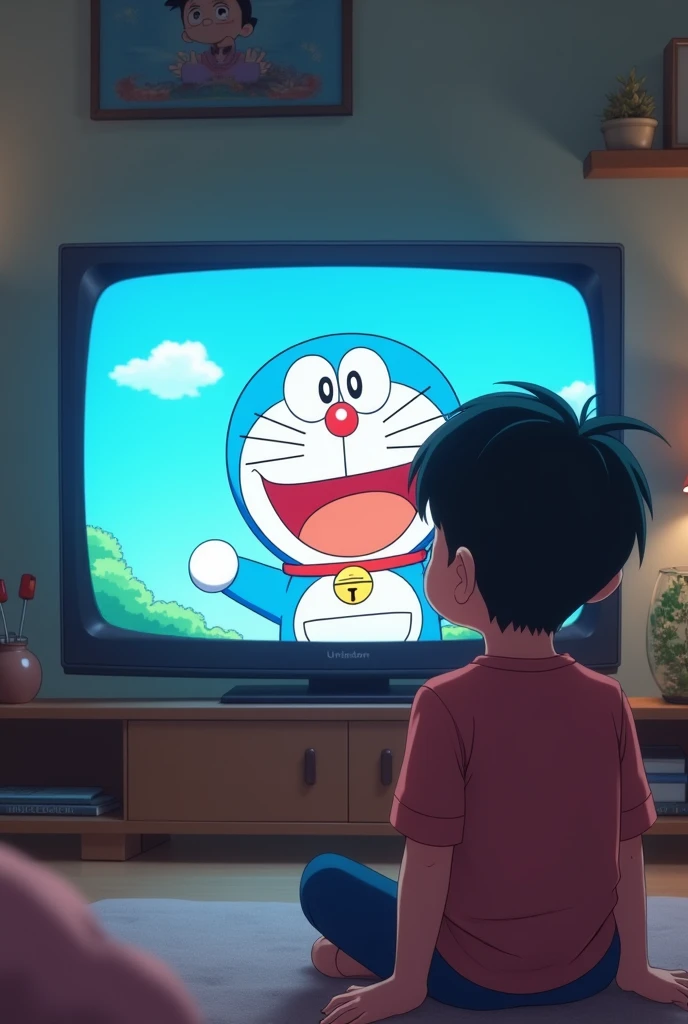18 YEARS OLD ANIME BOY WATCHING DOREMON CARTOON ON TV