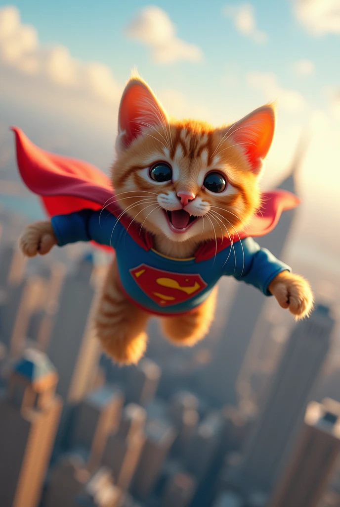 happy cat superhero, flying at high altitude, can see buildings on the ground,