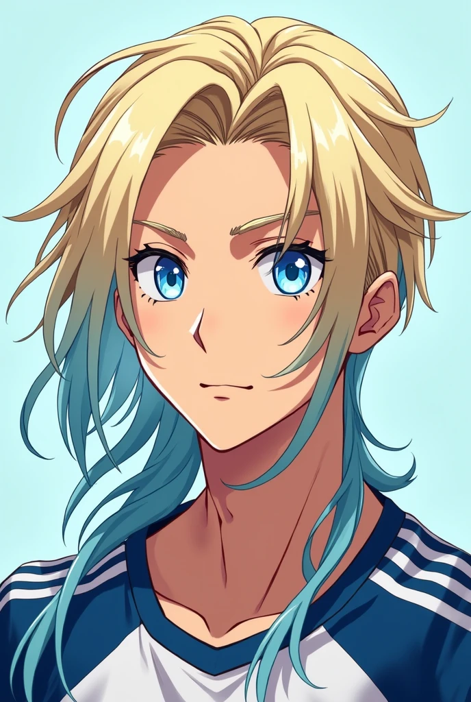 1boy,blonde hair, (gradient hair from blue to blonde:1.5):0.4, footballar,slant eyes,{{long hair}},young men,hime cut,cel anime,blue eyes,forehead,sideburns,long hair tied back