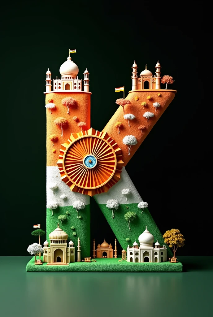 3D representation of the letter K intricately designed to reflect India's cultural landmarks and colors. The top features buildings and structures in orange and white, with a green base representing the Indian flag. An emblem resembling the Ashoka Chakra is central, surrounded by miniature replicas of famous monuments, trees, and small Indian flags, set against a dark background.