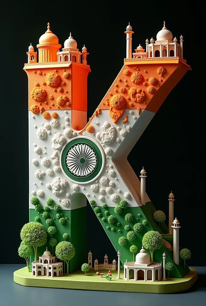 3D representation of the letter K intricately designed to reflect India's cultural landmarks and colors. The top features buildings and structures in orange and white, with a green base representing the Indian flag. An emblem resembling the Ashoka Chakra is central, surrounded by miniature replicas of famous monuments, trees, and small Indian flags, set against a dark background.