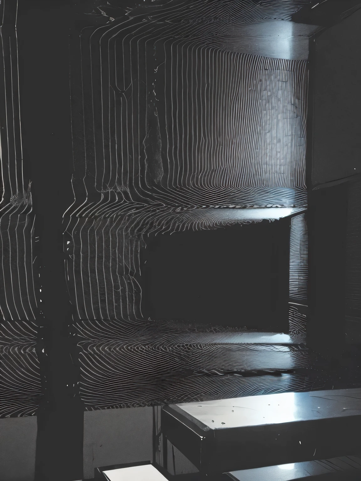 A glitched matrix open room, black and white, broken camera and glitch effect