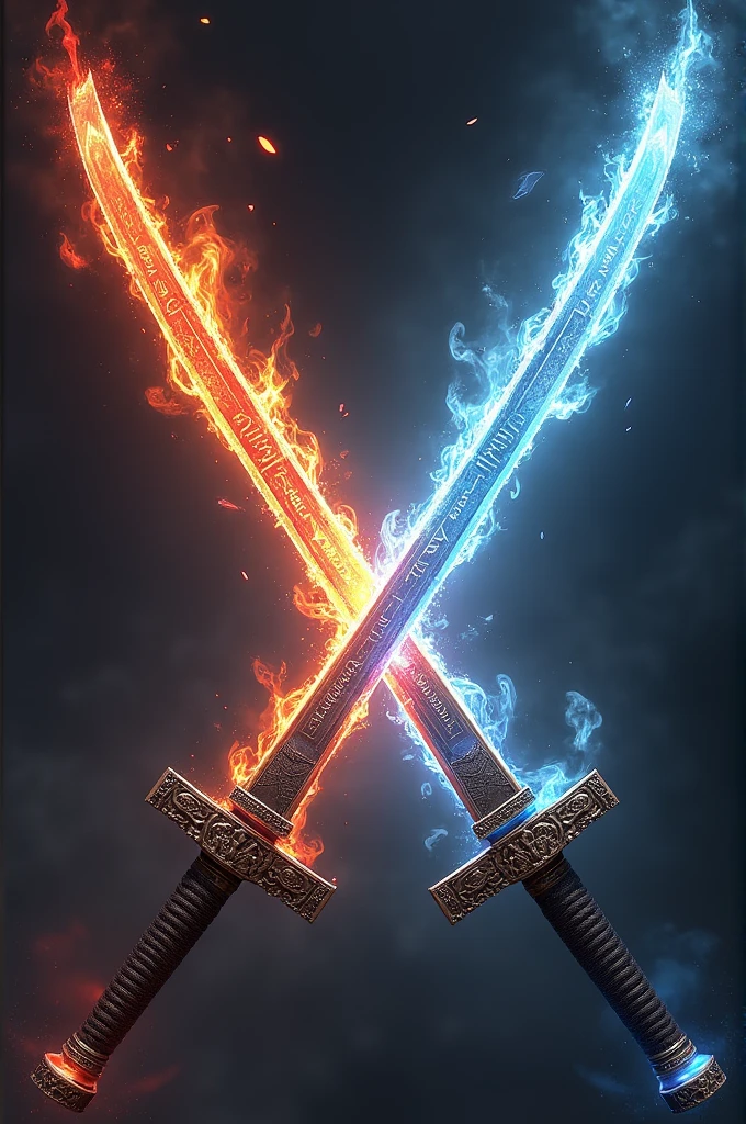 Make a cursed dual glitch katana sword, the Inferno sword is dual paired with the eternal ice sword, make that sword with a pose x katana sword, with an HD game art style