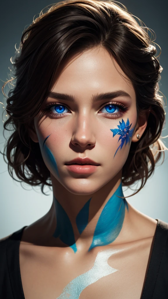 realistic art, male model, face  portrait, ethereal, skin paint, florilege or colors, crushed shadows, HDR, looking at viewer, piercing blue eyes, art installation, artgerm, top of leaderboard, award winning, masterpiece, high quality, highres, 8K, HDR,