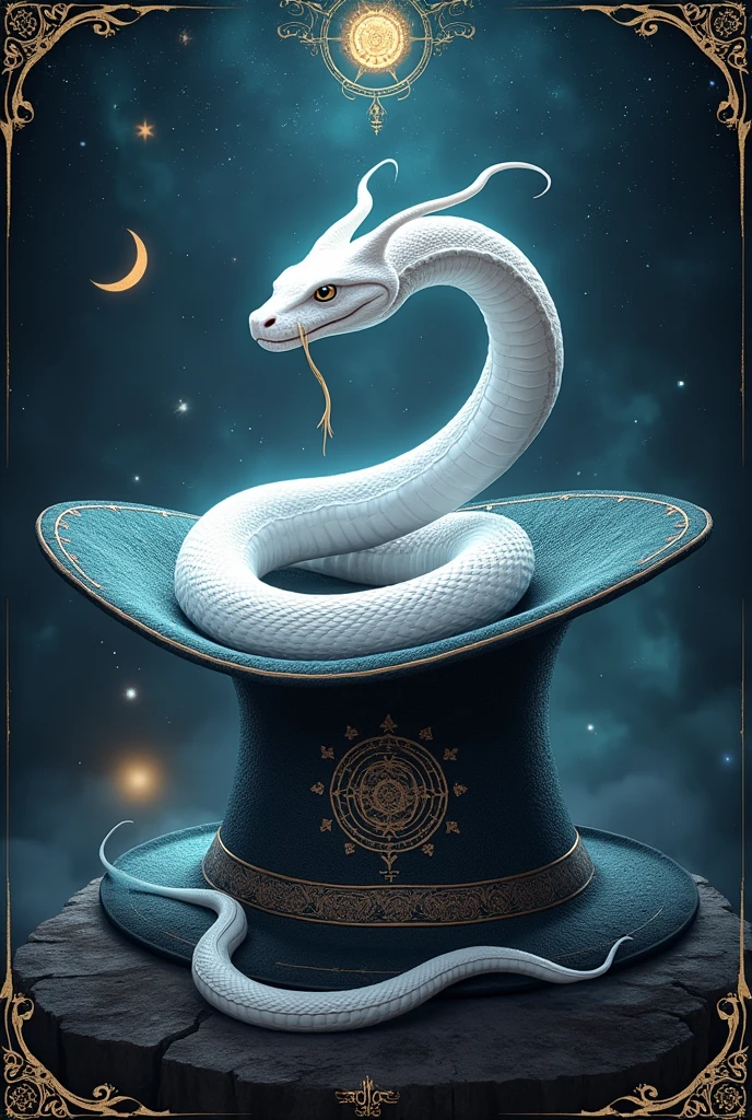 a magical white snake in a witch's hat, surrounded by symbols of magic and the cosmos,, hat, no people, witch's hat, animal, animal focus, border, crescent moon, magic circle, black border, clock, hyper-detailed,ultra-realistic, 8k,ultra-realistic, hyper-detailed, 32k uhd,
