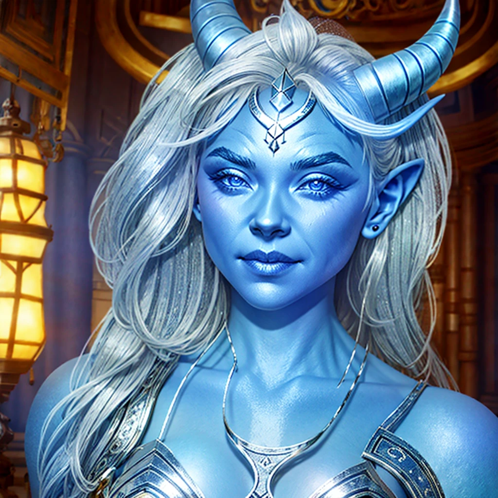 1girl, smile, horns, blue skin, glowing silver eyes, shiny pouty lips, temple indoors, 
volumetric lighting, best quality, masterpiece, realistic,  