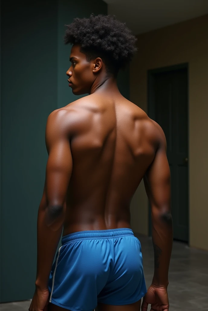 skinny biracial boy with bubble butt, 21 years old, curly afro, high detail, full body, photography, homoerotic, perfect face, skinny, lean, 8k, realistic, ultra hd, realistic, vivid colors, highly detailed, perfect composition, beautifully detailed intricate insanely detailed, 8k artistic photography, soft natural volumetric cinematic perfect light, huge manly bubble butt, highly detailed and perfect face, realistic hands, blue shorts, from the back