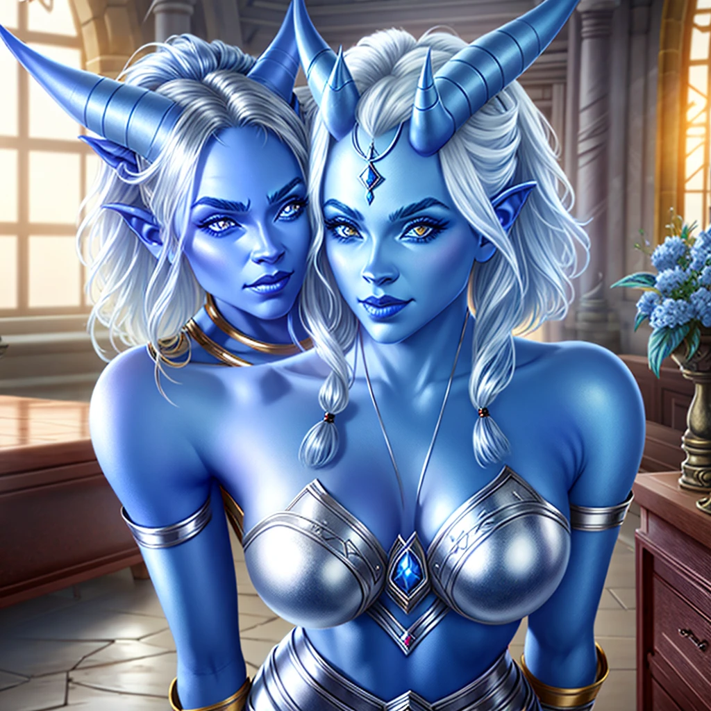 1girl, smile, horns, blue skin, glowing silver eyes, shiny pouty lips, temple indoors, 
volumetric lighting, best quality, masterpiece, realistic,  