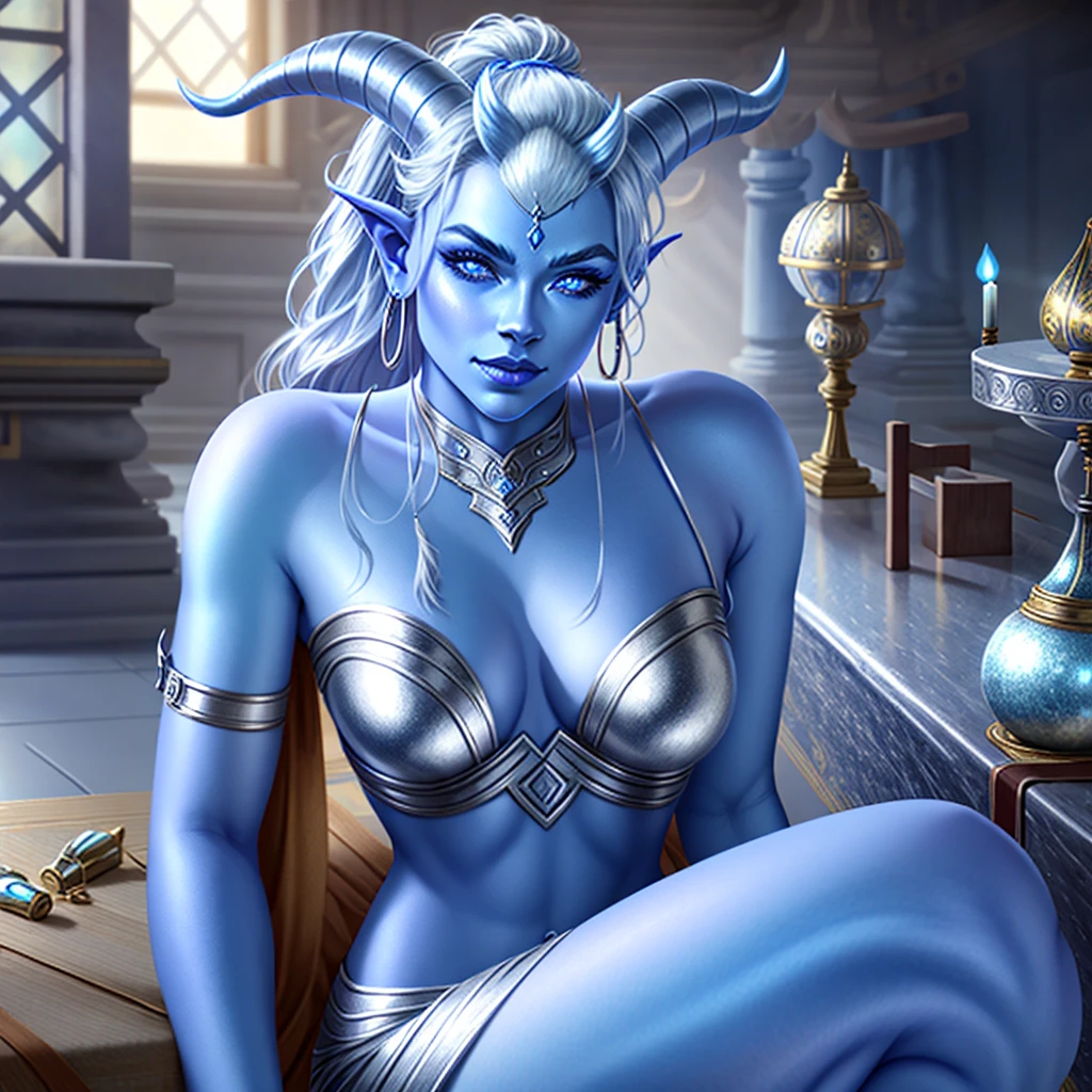 A blue skinned, handsome tiefling royal with horns, dress, blue skin, female by herself with animals